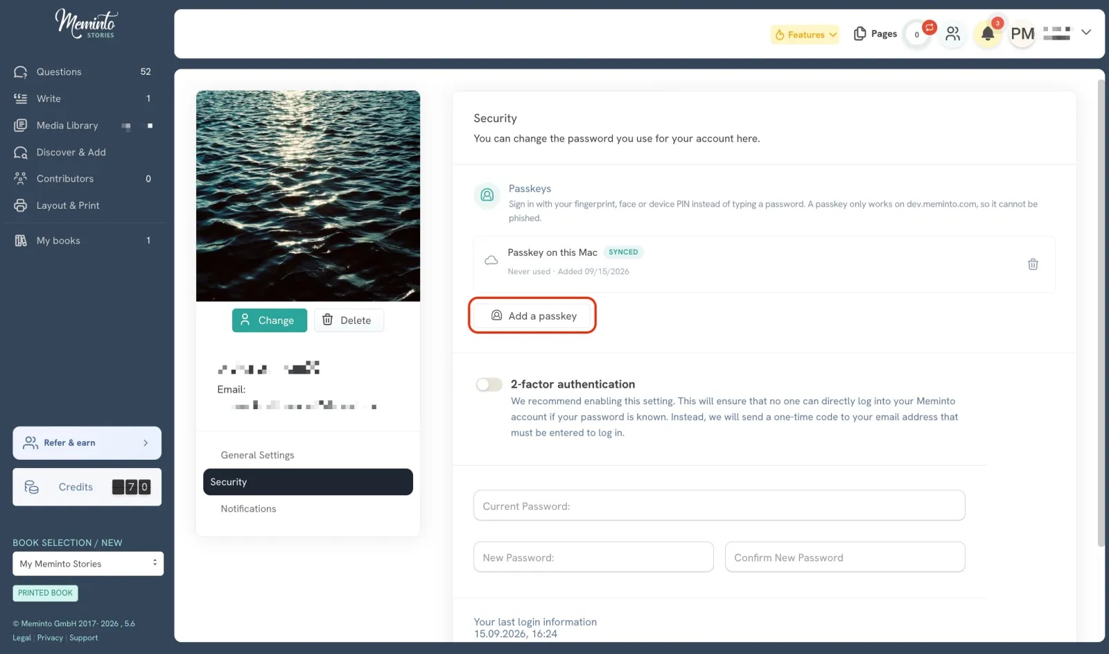 Passkey setup under Account Security in Meminto