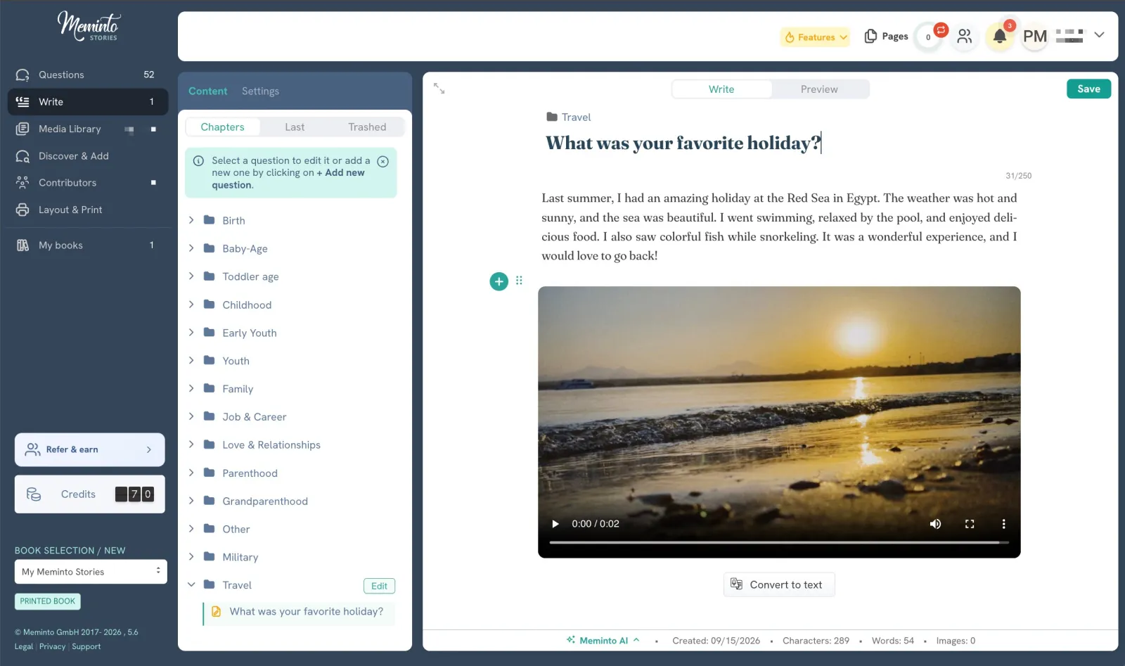 A video uploaded directly and embedded in a Meminto story, with an option to convert it to text