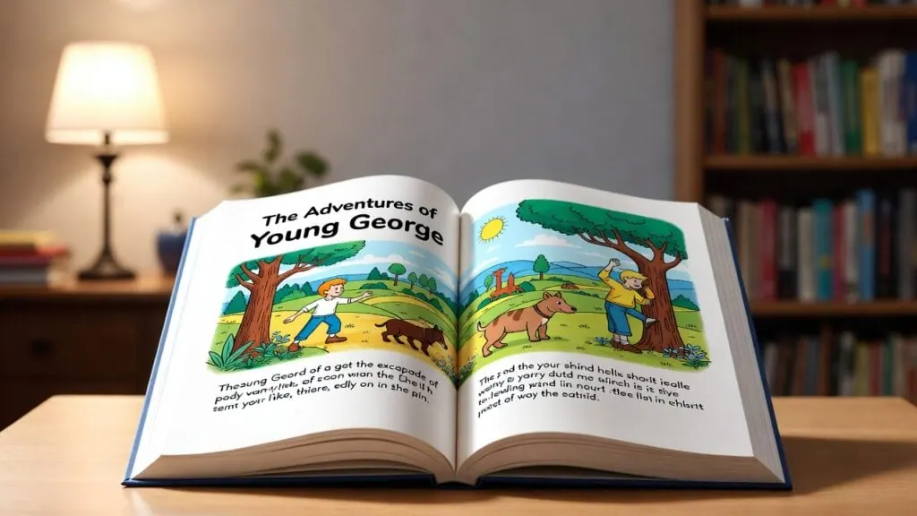Open illustrated children's book telling the story of a boy's childhood adventures