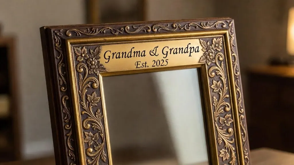 Ornate gold picture frame engraved with Grandma and Grandpa Est. 2025