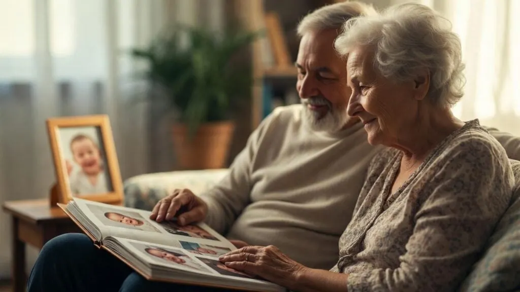 Older couple on a sofa smiling as they page through a baby photo album