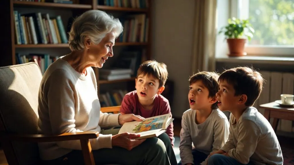 Older woman in an armchair reading aloud from a book to three captivated boys