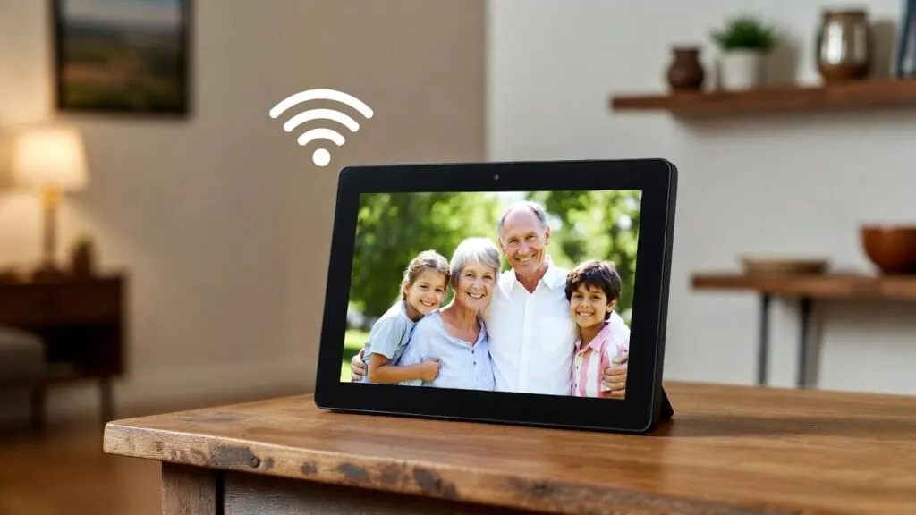 Digital Wi-Fi photo frame on a table showing grandparents with two grandchildren