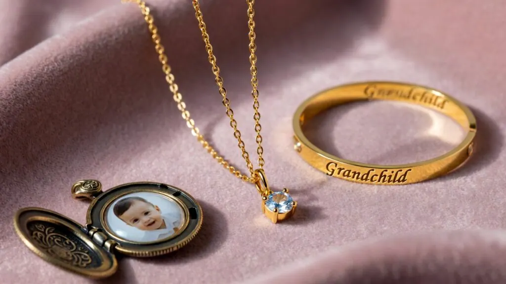 Gold locket holding a baby photo next to a birthstone necklace and an engraved bangle