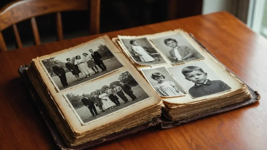 Worn photo album open on a wooden table showing black and white family portraits