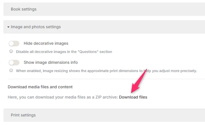 Book settings with an arrow pointing at the link that downloads all media files as a ZIP archive