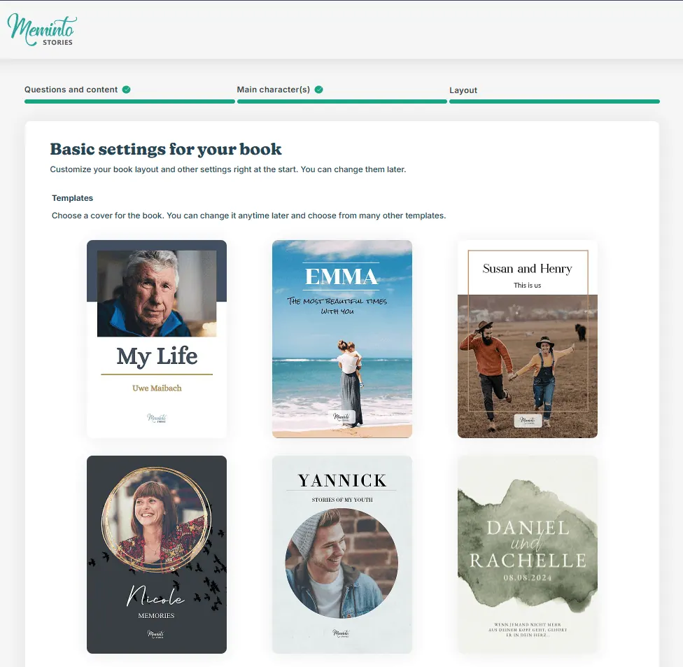 Basic book settings offering six cover templates to pick from at the start of a project