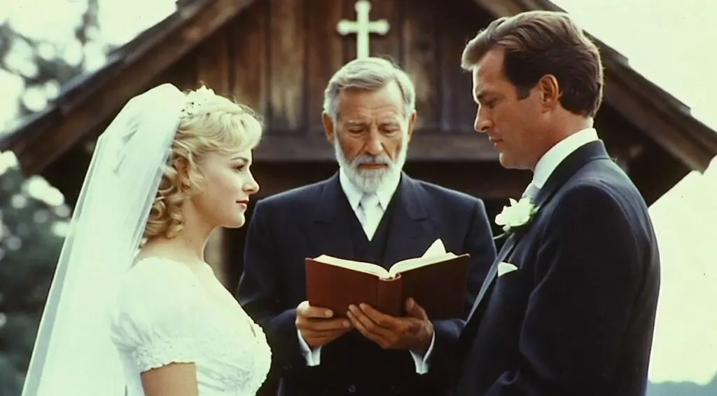 Bride and groom facing each other during an outdoor wedding ceremony