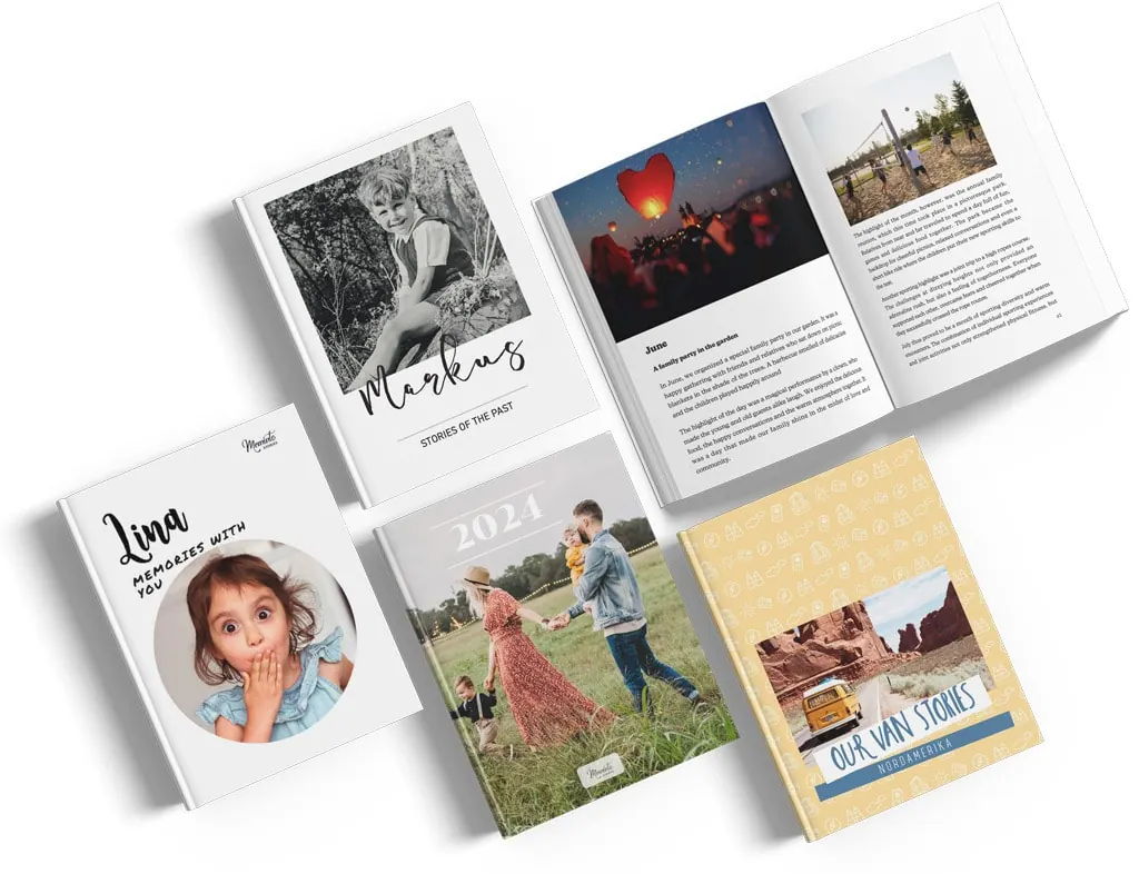 Five personalized Meminto hardcover books fanned out, one opened to a photo spread