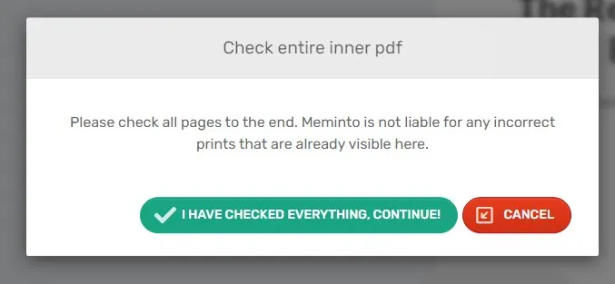 Dialog asking to check the entire inner PDF before continuing with the order