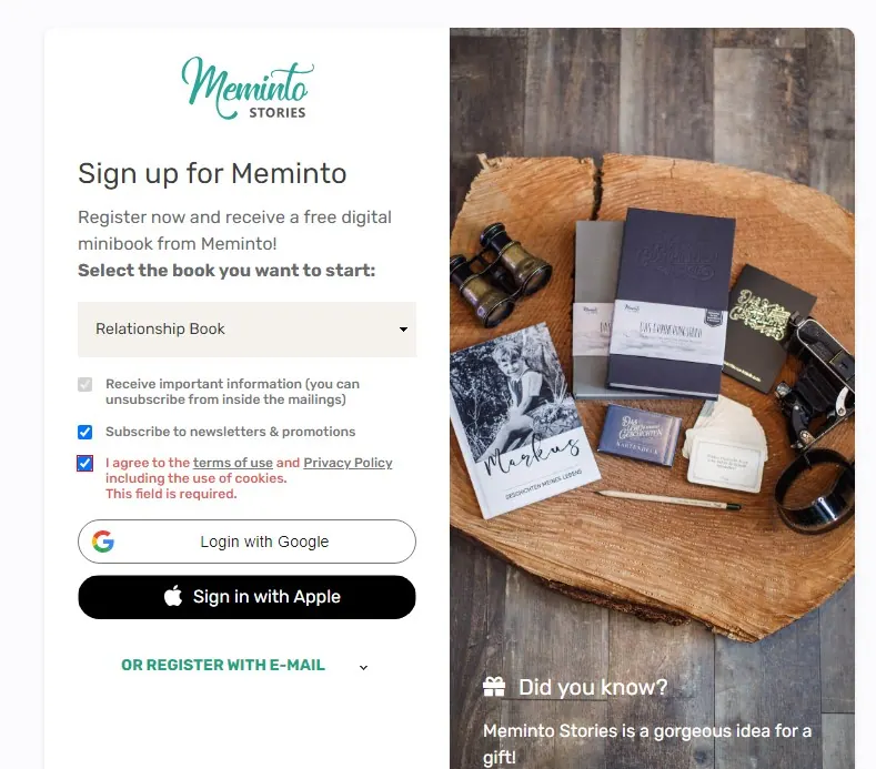 Sign-up screen with the book type dropdown set to Relationship Book and the consent checkboxes ticked