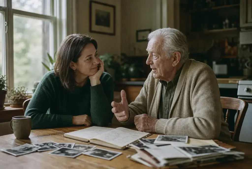 Adult daughter listening as her parents share stories at a kitchen table