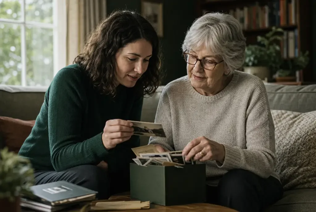 Parent and adult child looking through a box of family photographs together