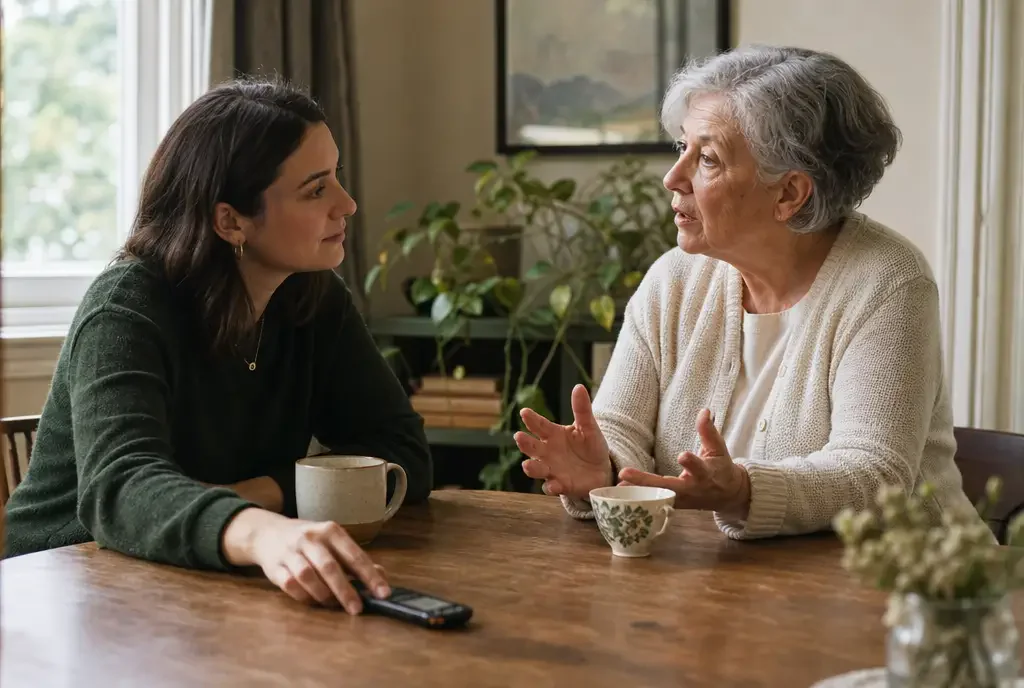 Parent speaking into a phone voice memo while family members listen nearby