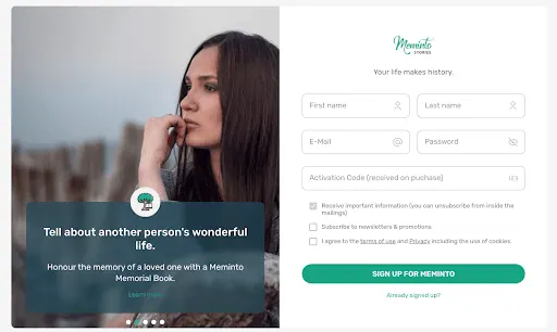 Meminto sign-up form with fields for name, email, password and activation code