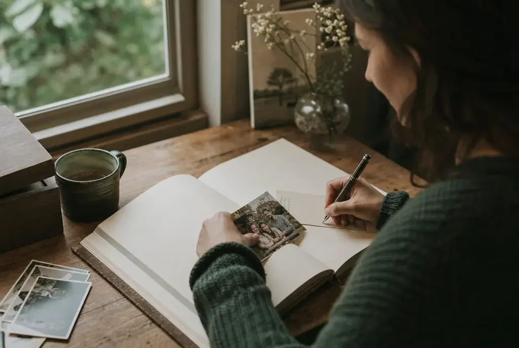 Minimal childhood journal with photographs and a handwritten family note on a table