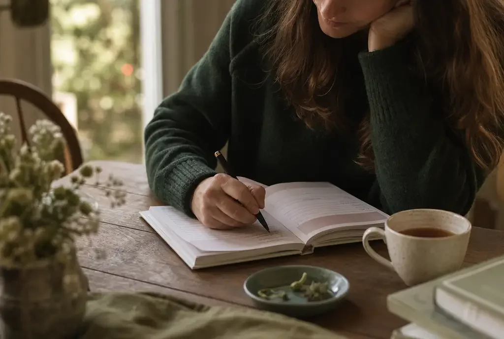 Open prompted childhood journal with a parent writing beside a child’s drawing