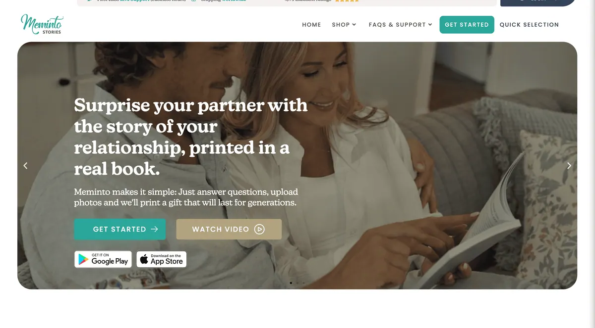 Meminto landing page about surprising your partner with the story of your relationship