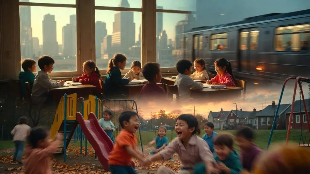 Blended scene of children at their school desks and playing on a playground slide at dusk
