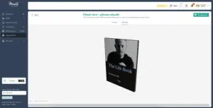 Realistic 3D preview of a finished hardcover life book shown at the end of layout and print