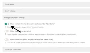 Book settings with the toggle that shows cards instead of decorative pictures under Questions