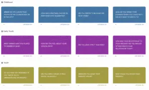 Same questions shown as plain coloured cards, grouped by childhood, early youth and youth