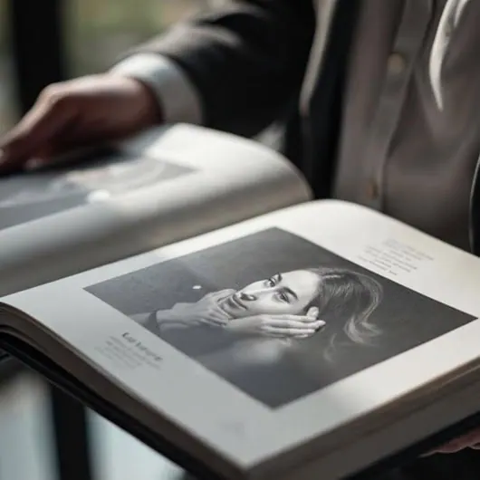 Person turning the pages of a printed memory book showing a black-and-white portrait photo
