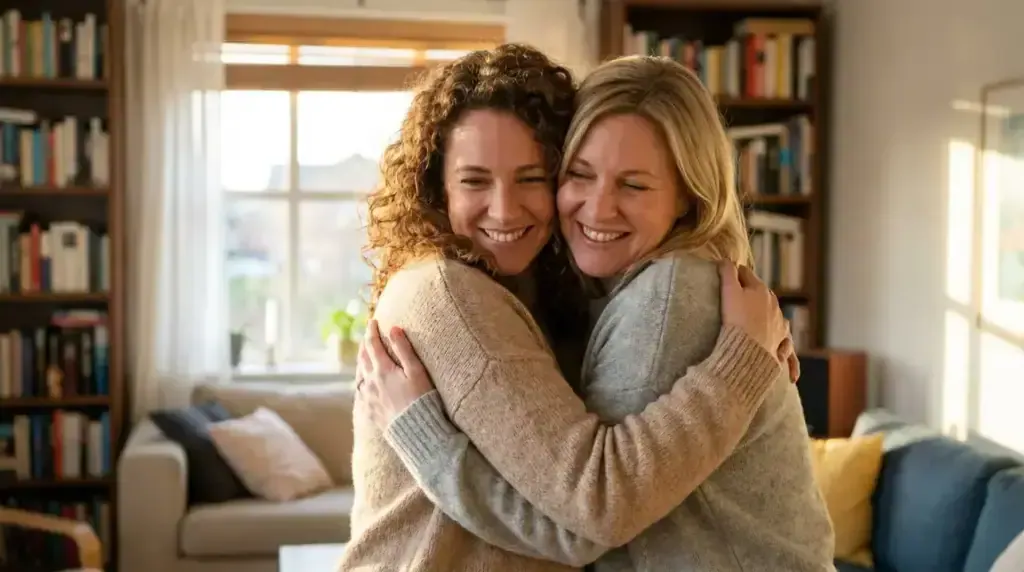 Siblings embracing at a reunion