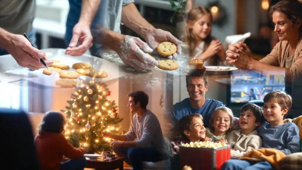 Collage of family milestones: baking cookies, a lit Christmas tree and children watching a film together