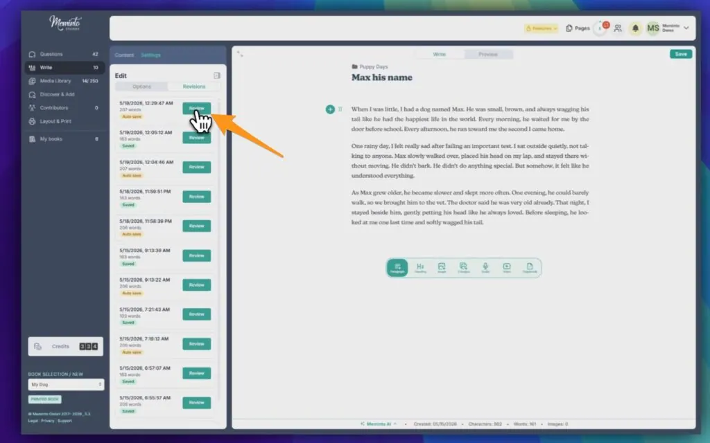 Editor with a Revisions sidebar listing saved versions of a story, each with a Restore button