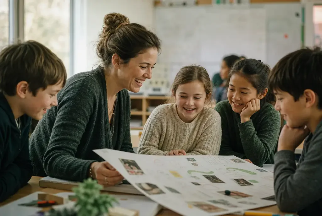 Teacher and students looking through classroom photographs and classwork together