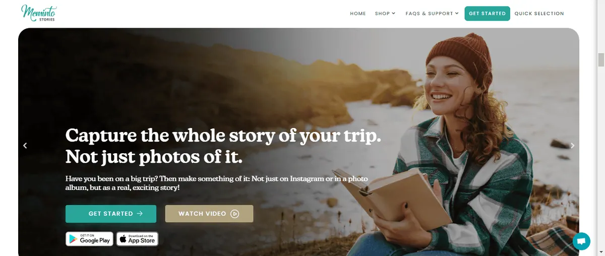 Meminto travel book landing page headlined capture the whole story of your trip