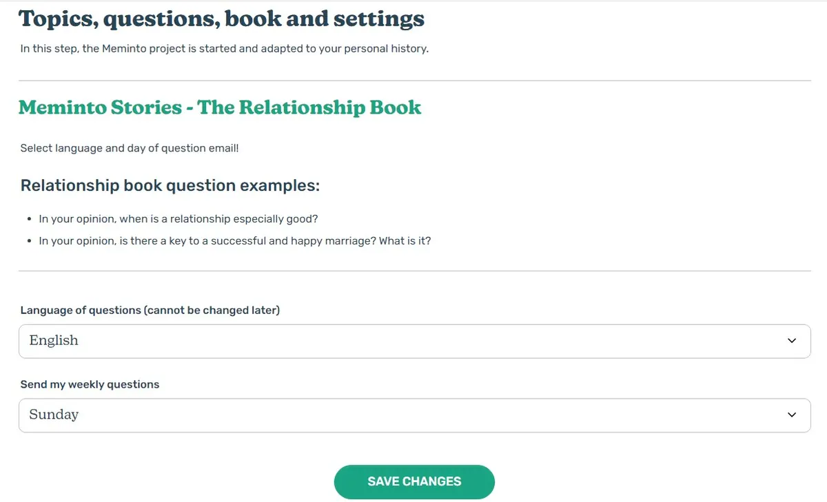 Book settings for choosing the question language and the weekday for the weekly question e-mail