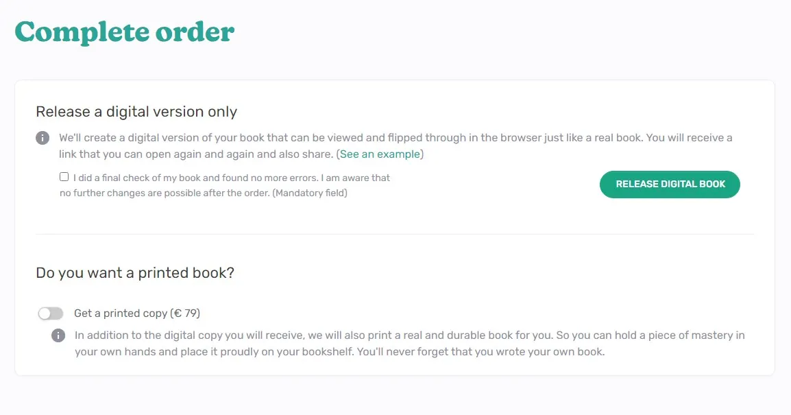 Complete order page offering the digital release and an optional printed copy