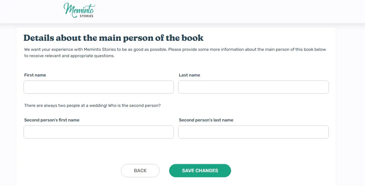 Form for the main person of the book with empty name fields for both partners