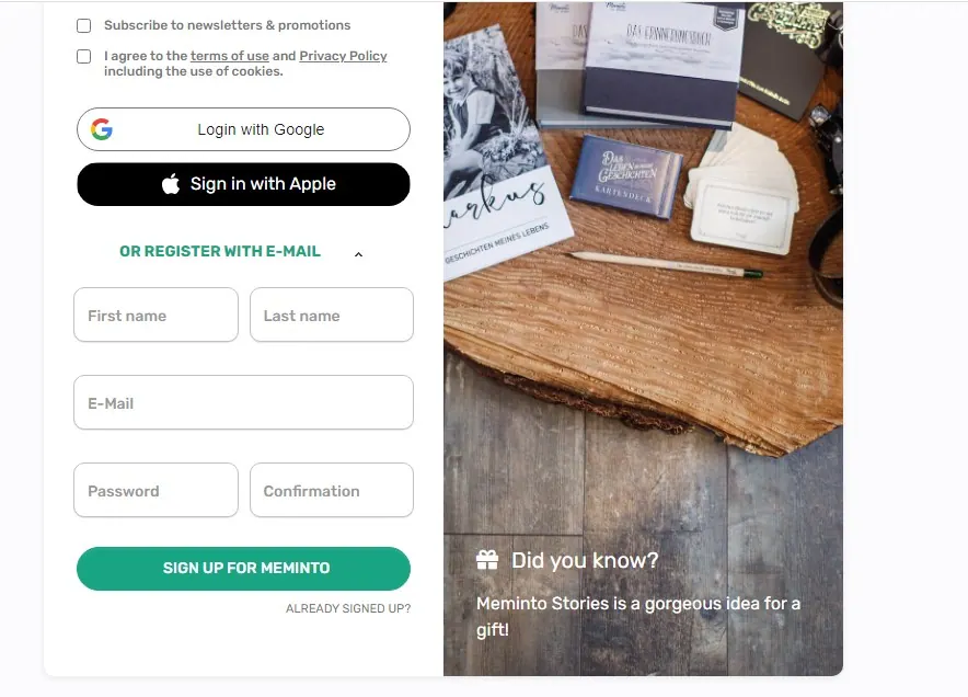Registration form with name, e-mail and password fields above the sign-up button