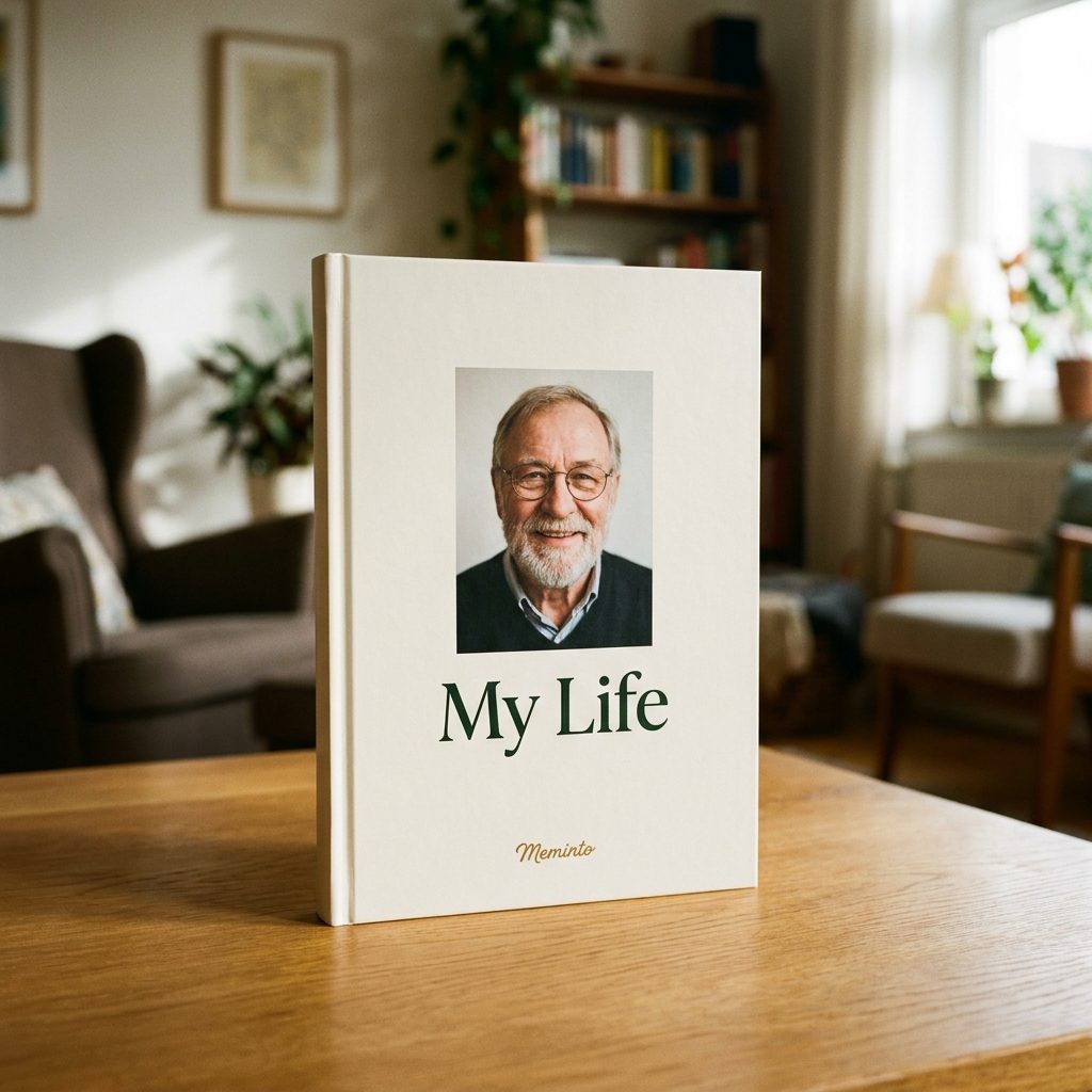 Exemplo de um livro de memórias Meminto numa mesa de madeira numa sala luminosa