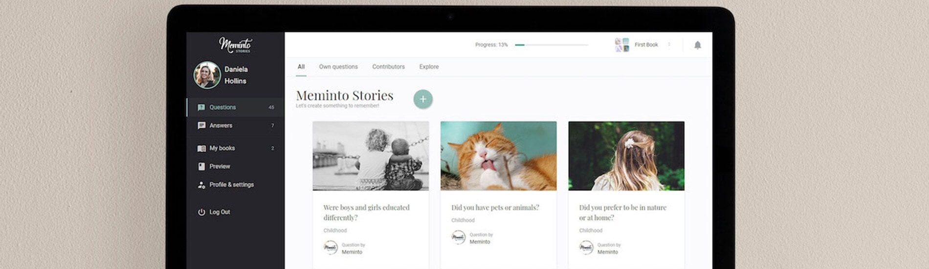 Meminto book editor displayed on a computer screen