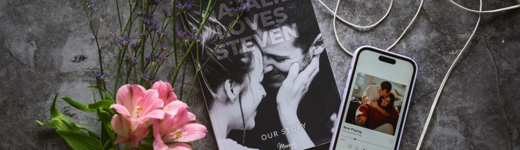 An open Meminto Love Story Book spread