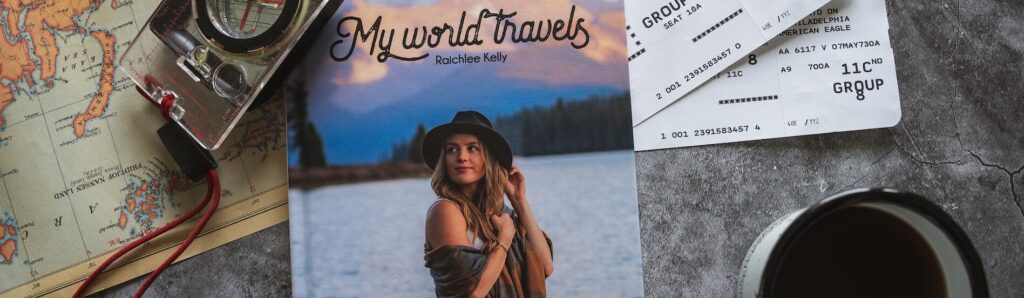 An open Meminto Travel Memory Book with photographs and a full-width printed spread