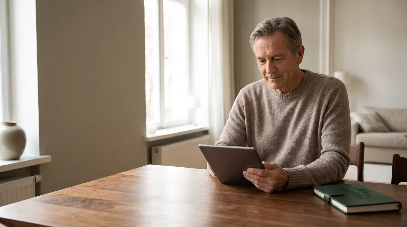 Homem mais velho a olhar para um tablet numa mesa de madeira, com um livro verde-escuro fechado ao lado
