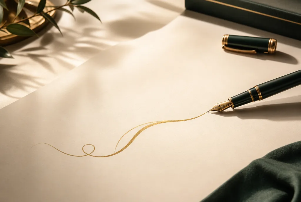 Ein Füllfederhalter, der eine goldene Kalligrafie-Linie auf cremefarbenes Papier zieht