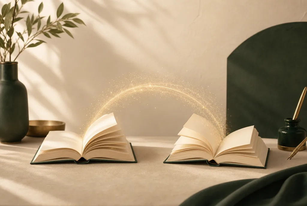 Illustration of two open books connected by a golden arc of light