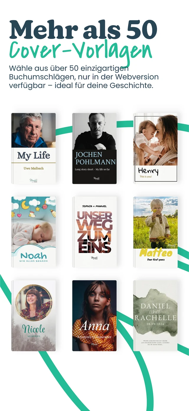 Offizieller deutscher Store-Screenshot der Meminto App mit mehreren Buchcover-Vorlagen