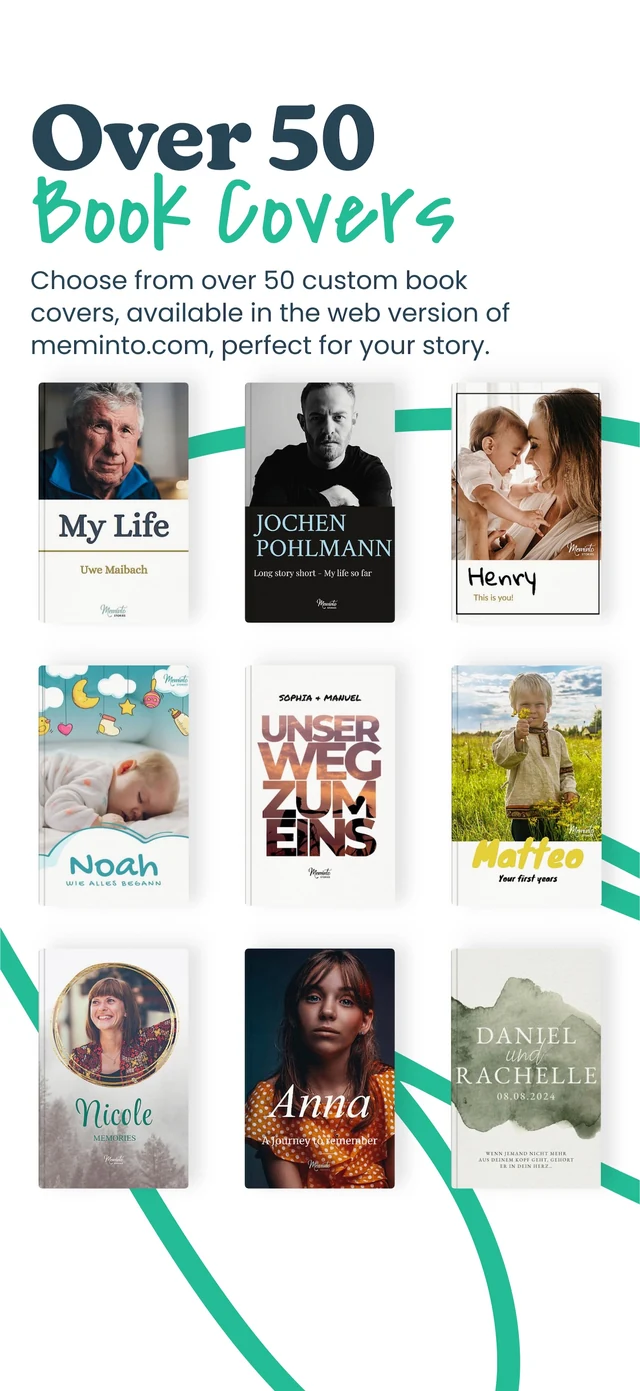 Official English store screenshot of the Meminto app showing several book-cover templates