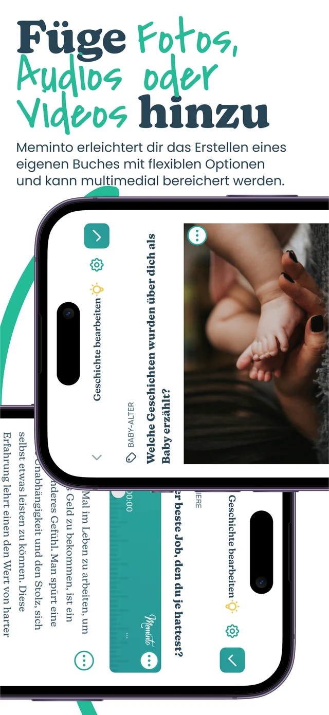 Offizieller deutscher Store-Screenshot der Meminto App zum Ergänzen von Fotos, Audio und Videos