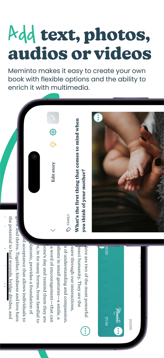 Official English store screenshot of the Meminto app adding photos, audio and video to a story