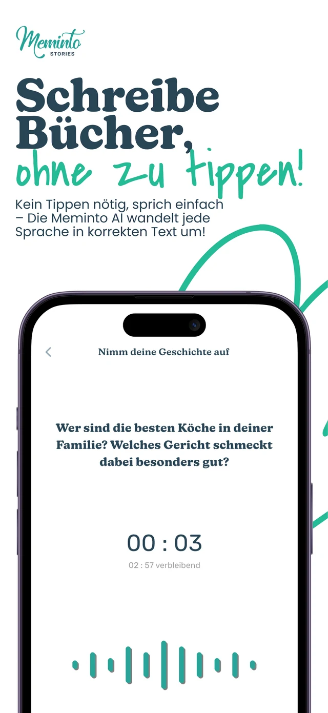 Offizieller deutscher Store-Screenshot der Meminto App mit laufender Sprachaufnahme zu einer Buchfrage