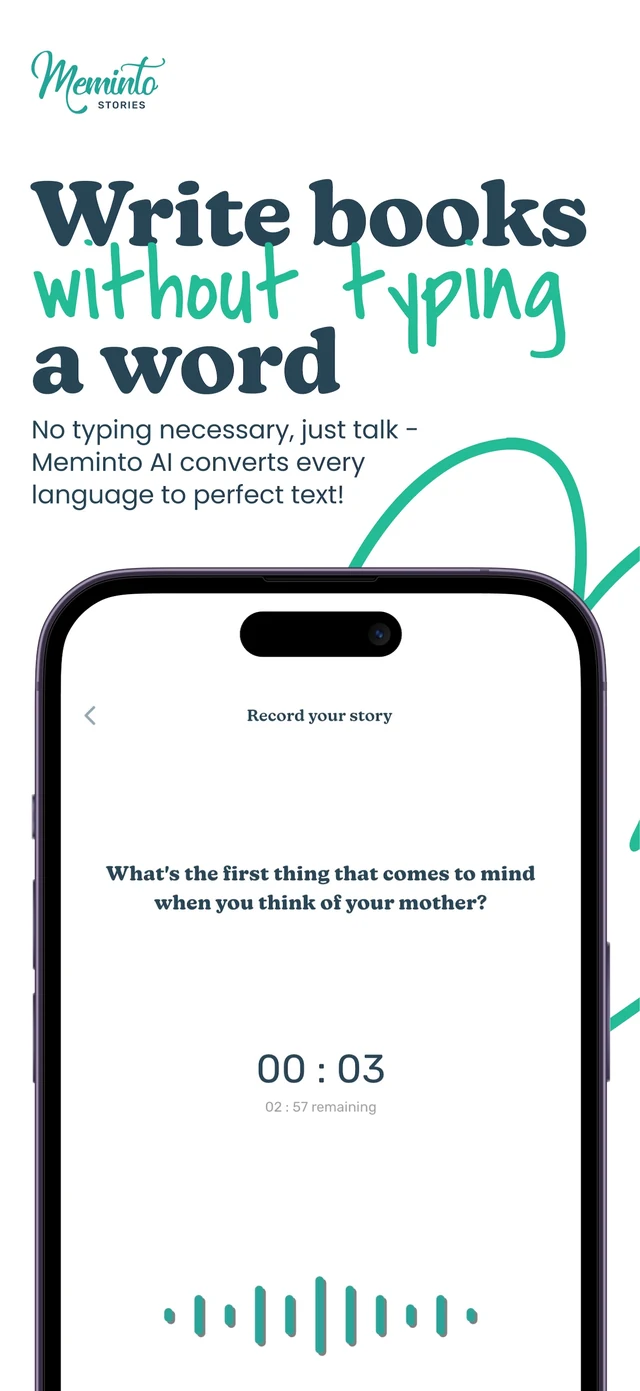 Official English store screenshot of the Meminto app recording a spoken answer to a book prompt