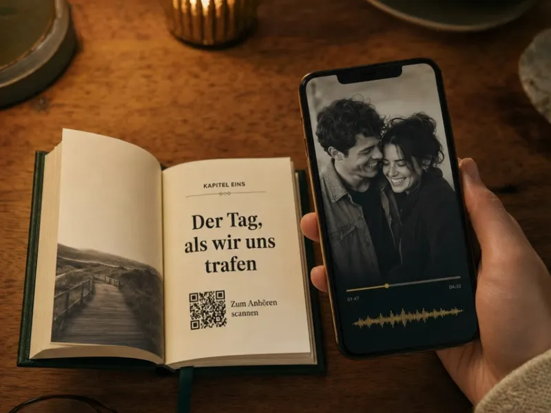Aufgeschlagenes Erinnerungsbuch mit QR-Code; auf dem Smartphone daneben läuft die dazugehörige Video-Erinnerung